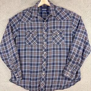 Wrangler Flannel Shirt Mens XL Blue‎ Plaid Outdoor Western Cowboy Workwear Ranch